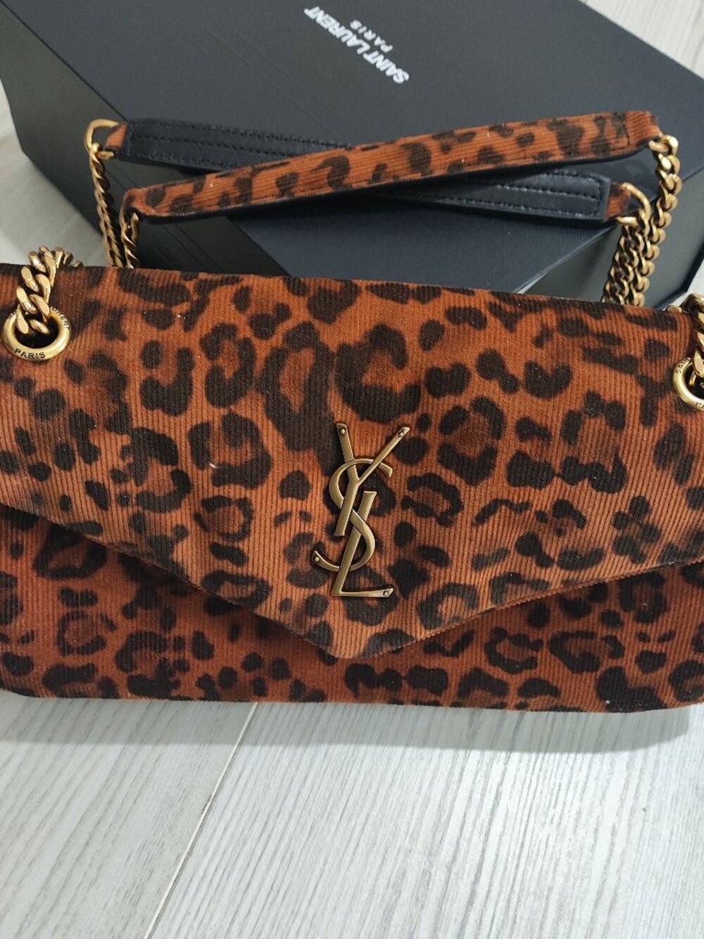 Saint Laurent Leopard Print Corduroy Flap Chain Shoulder Bag